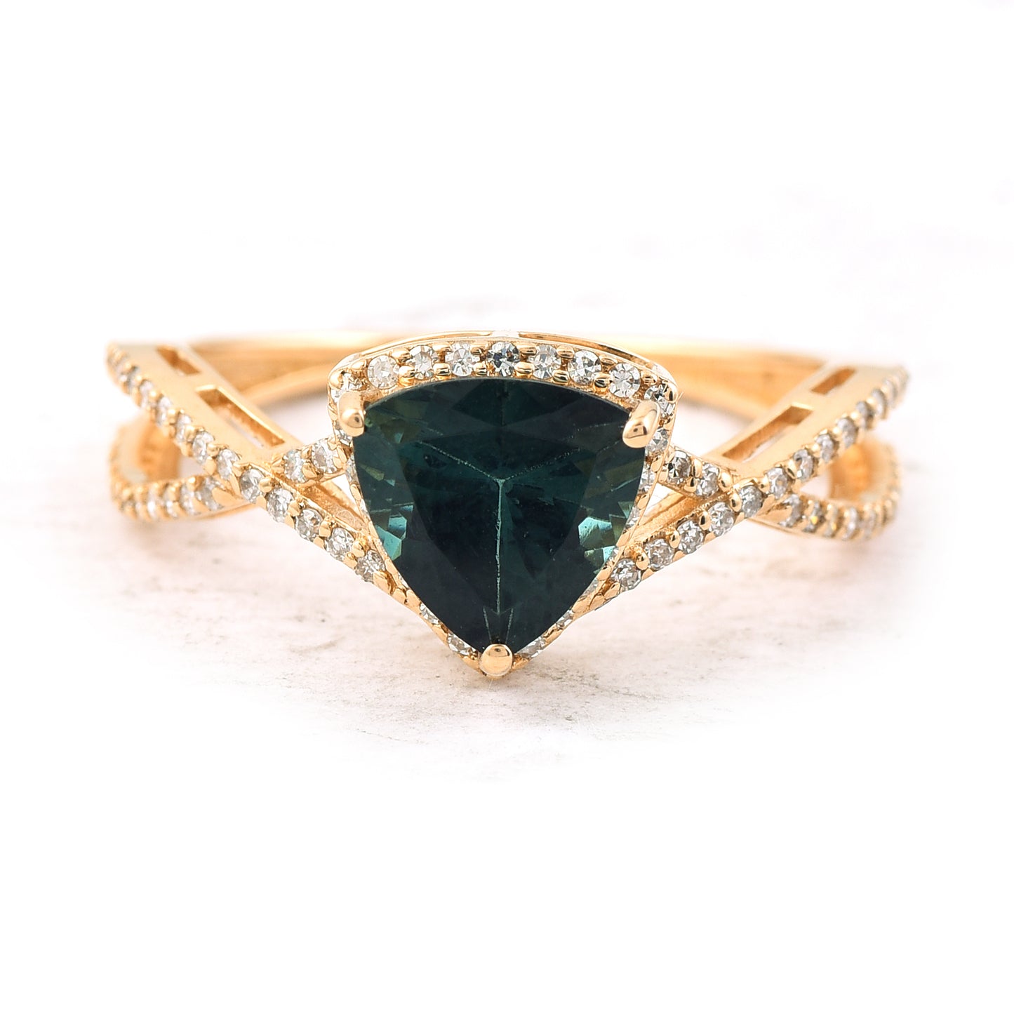 1.70 Ct Triangle Mixed Cut Natural Green Tourmaline 14K Gold Ring