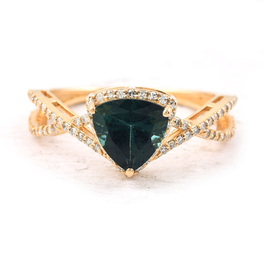 1.70 Ct Triangle Mixed Cut Natural Green Tourmaline 14K Gold Ring