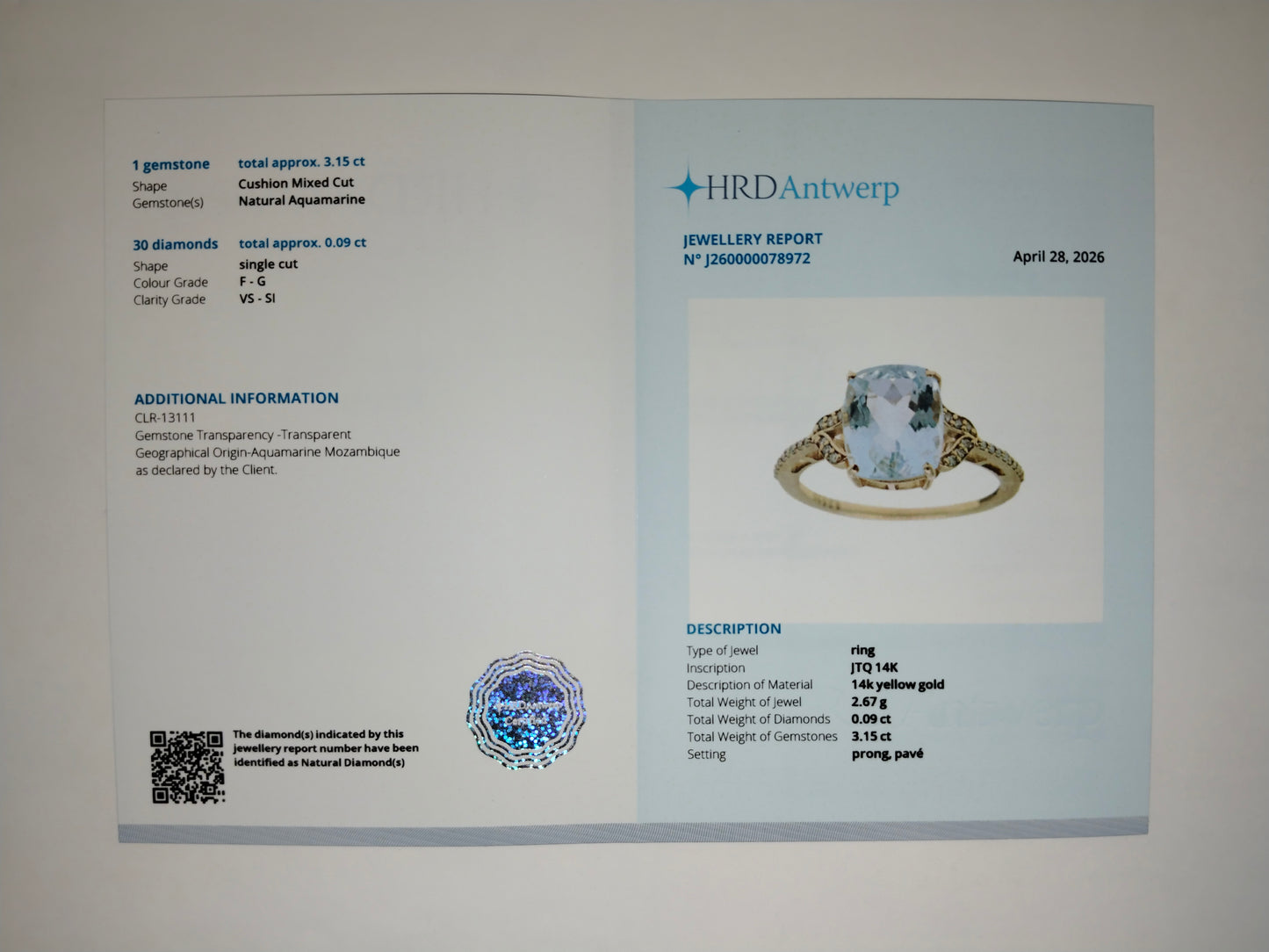 3.24 Ct Cushion Mixed Cut Natural Aquamarine 14K Gold Ring
