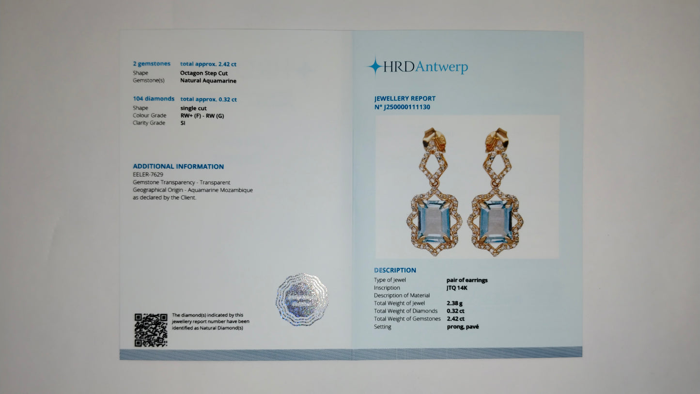 2.74 Ct Octagon Step Cut Natural Aquamarine 14K Gold Earrings