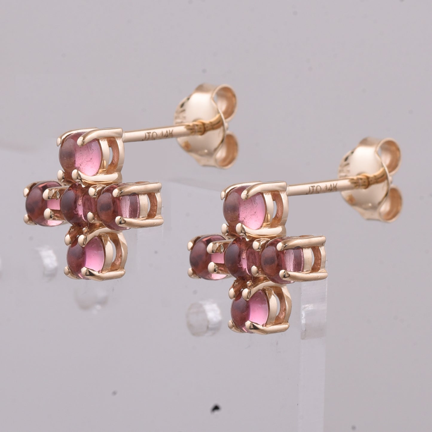 1.42 Ct Round Cabochon Cut Natural Pink Tourmaline 14K Gold Earrings