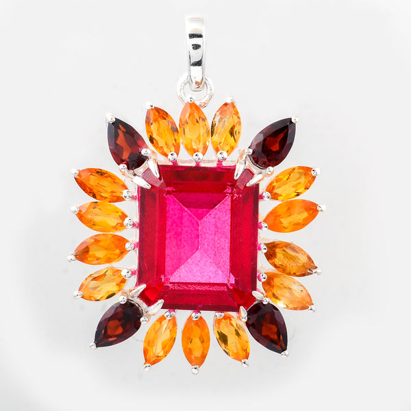 10.65 Ct Octagon Pink Topaz, Citrine, Garnet 925 Sterling Silver Pendant