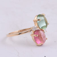 0.77 Ct Oval Cabochon Cut Natural Multi-Coloured Tourmaline 14K Gold Ring