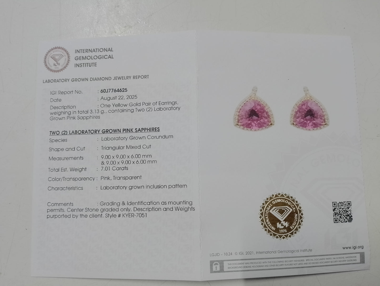 7.24 Ct Triangular Mixed Cut Lab Grown Pink Sapphire 14K Gold Earrings