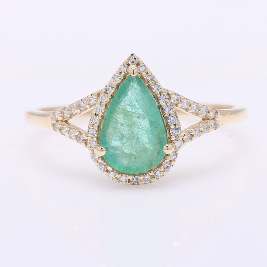 1.01 Ct Pear Mixed Cut Natural Emerald 14K Gold Ring