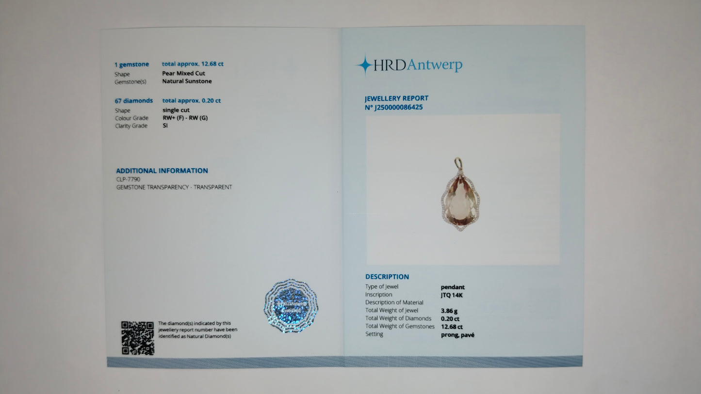12.88 Ct Pear Mixed Cut Natural Sunstone 14K Gold Pendant