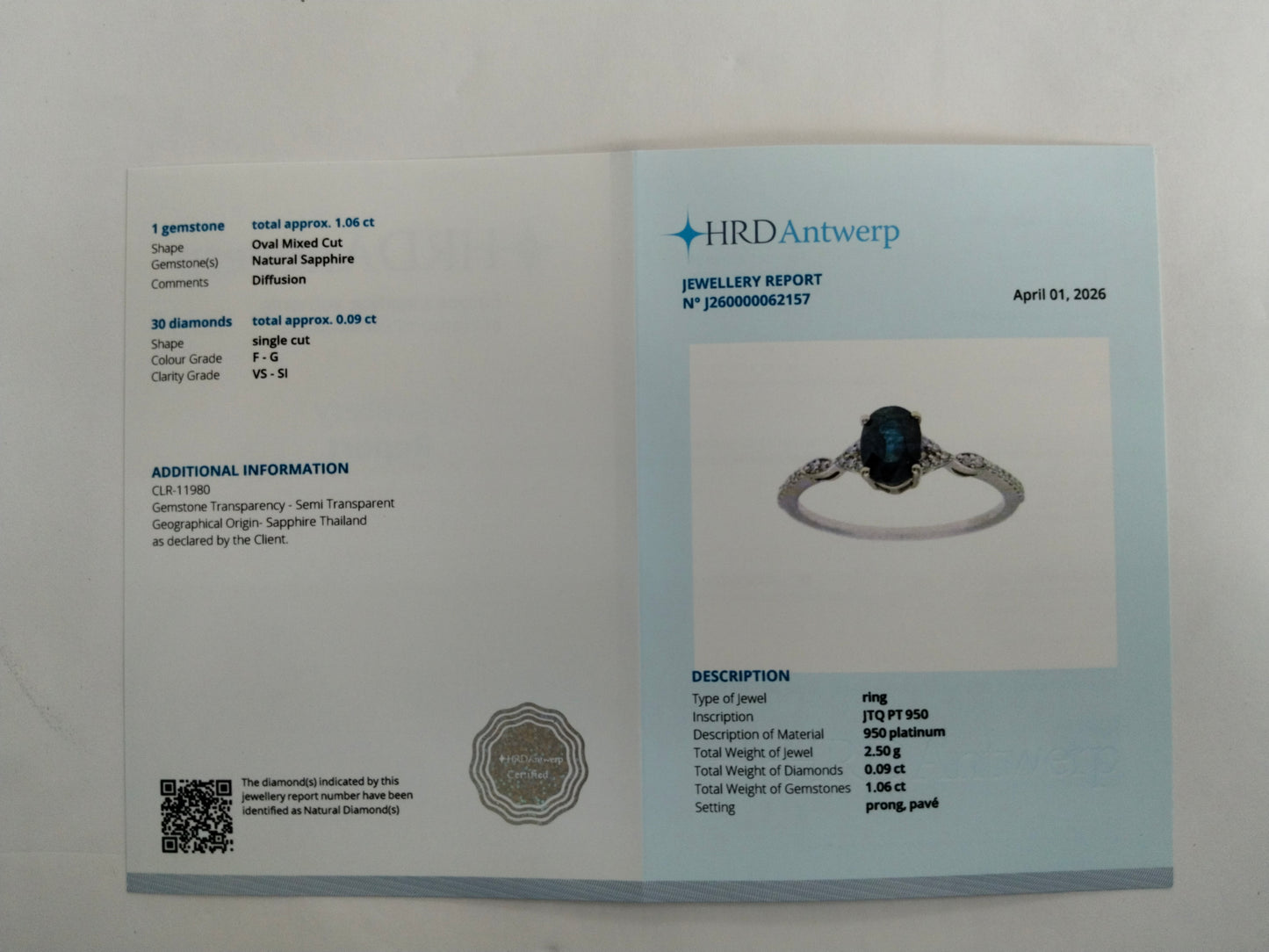 1.15 Ct Oval Mixed Cut Natural Sapphire 950 Platinum Ring