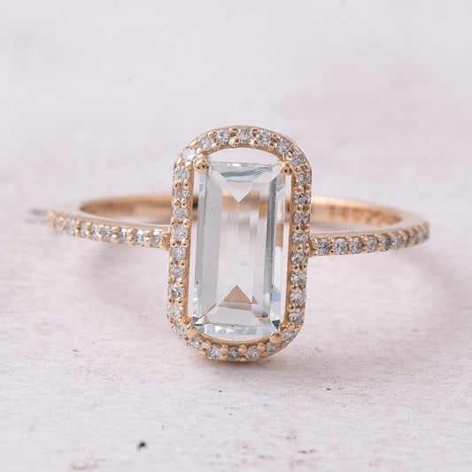 1.25 Ct Rectangle Step Cut Natural Aquamarine 14K Gold Ring