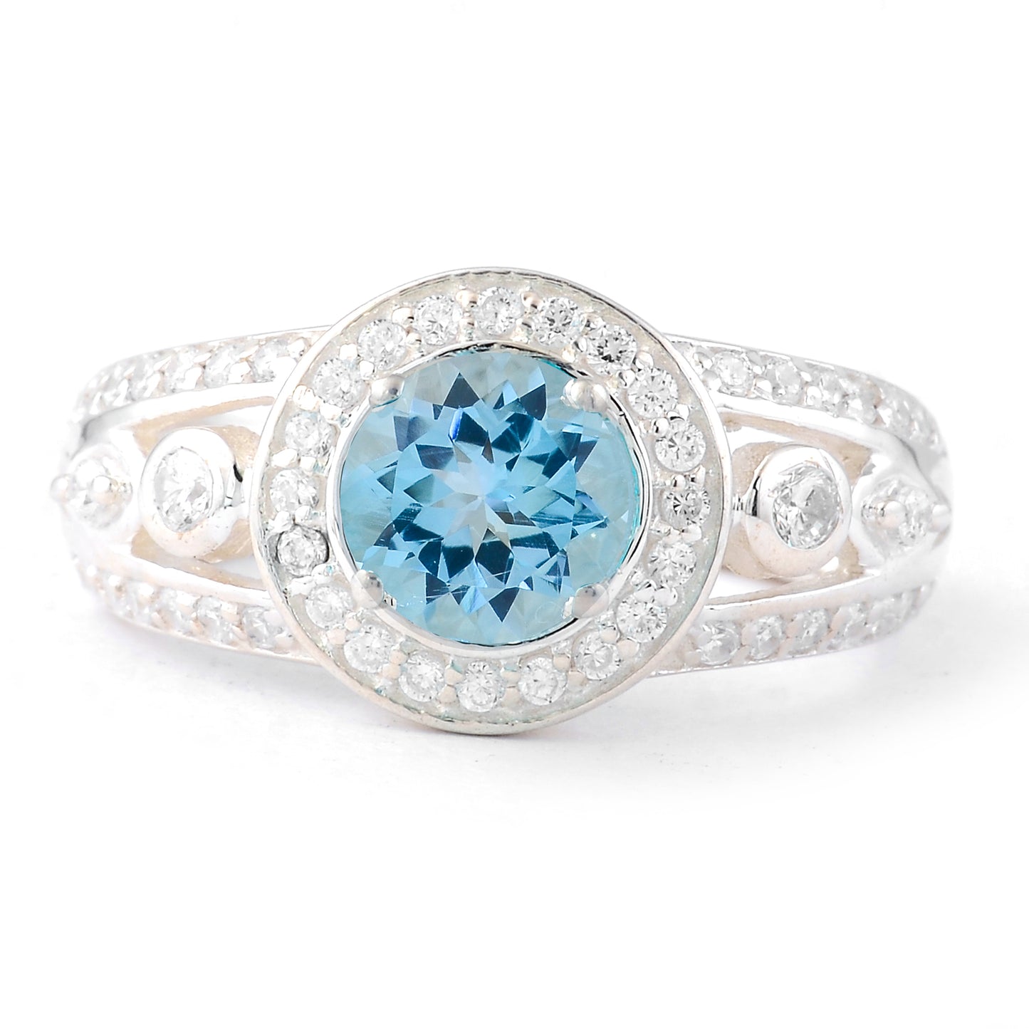 1.73 Ct Round Swiss Blue Topaz, Cubic Zirconia 925 Sterling Silver Ring