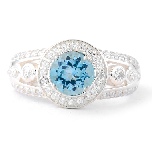 1.73 Ct Round Swiss Blue Topaz, Cubic Zirconia 925 Sterling Silver Ring