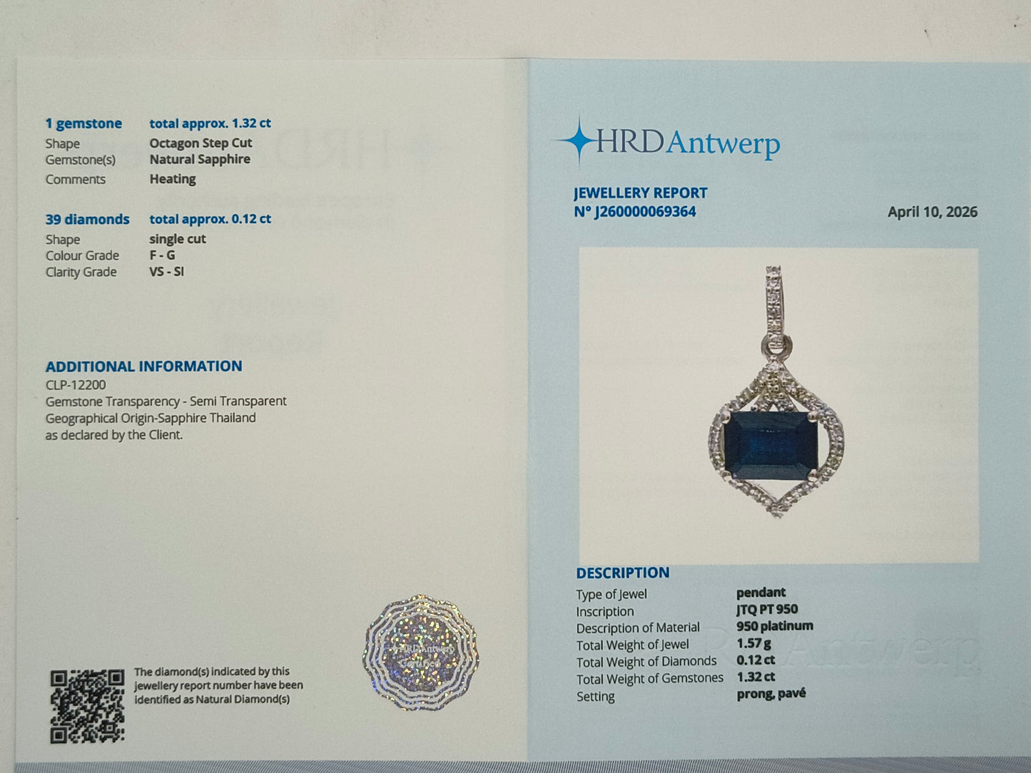 1.44 Ct Octagon Step Cut Natural Sapphire 950 Platinum Pendant