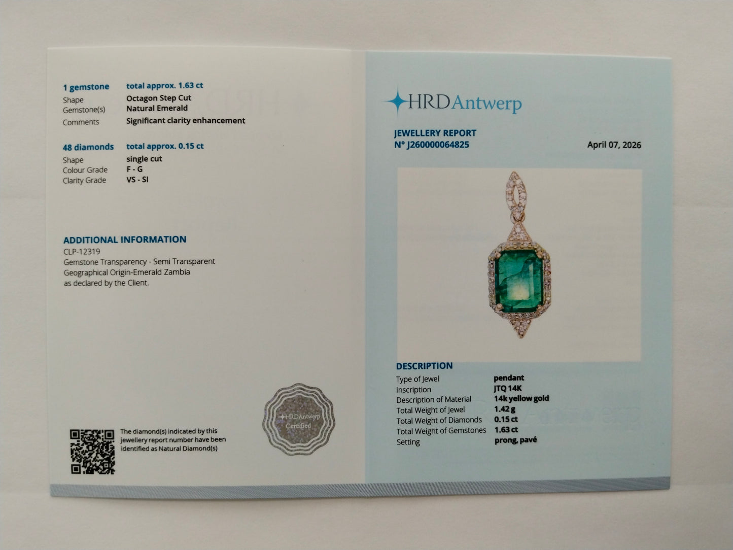 1.78 Ct Octagon Step Cut Natural Emerald 14K Gold Pendant