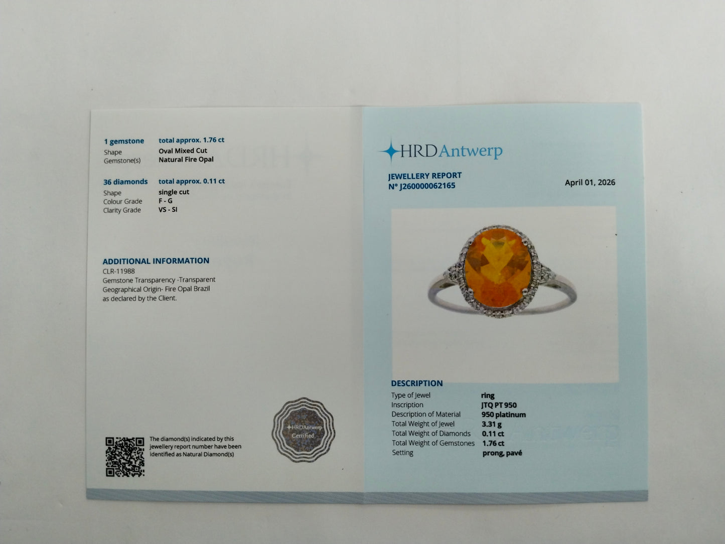 1.87 Ct Oval Mixed Cut Natural Fire Opal 950 Platinum Ring