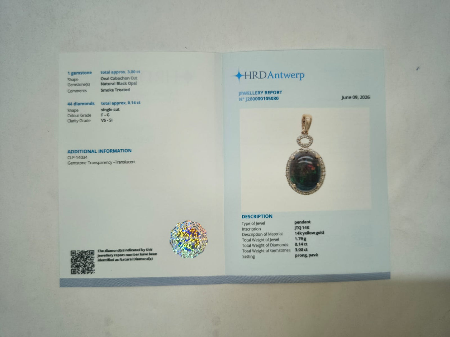 3.14 Ct Oval Cabochon Cut Natural Black Opal 14K Gold Pendant