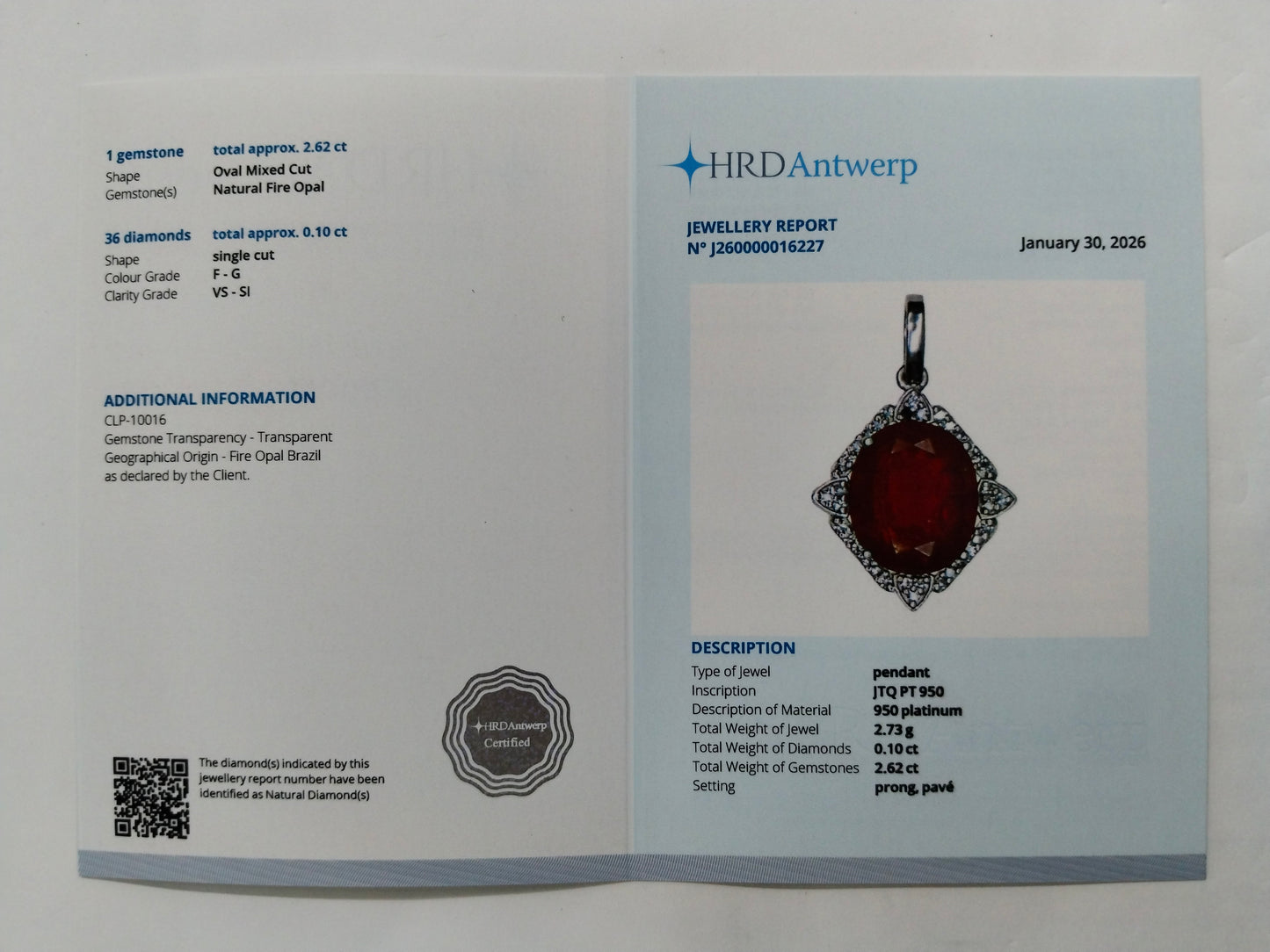 2.72 Ct Oval Mixed Cut Natural Fire Opal 950 Platinum Pendant