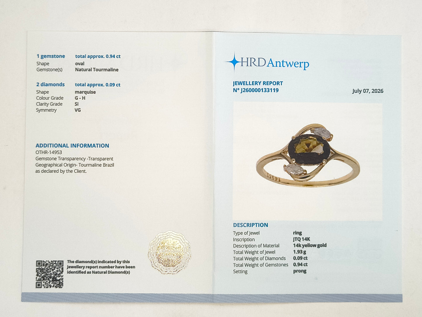 1.03 Ct Oval Natural Tourmaline 14K Gold Ring