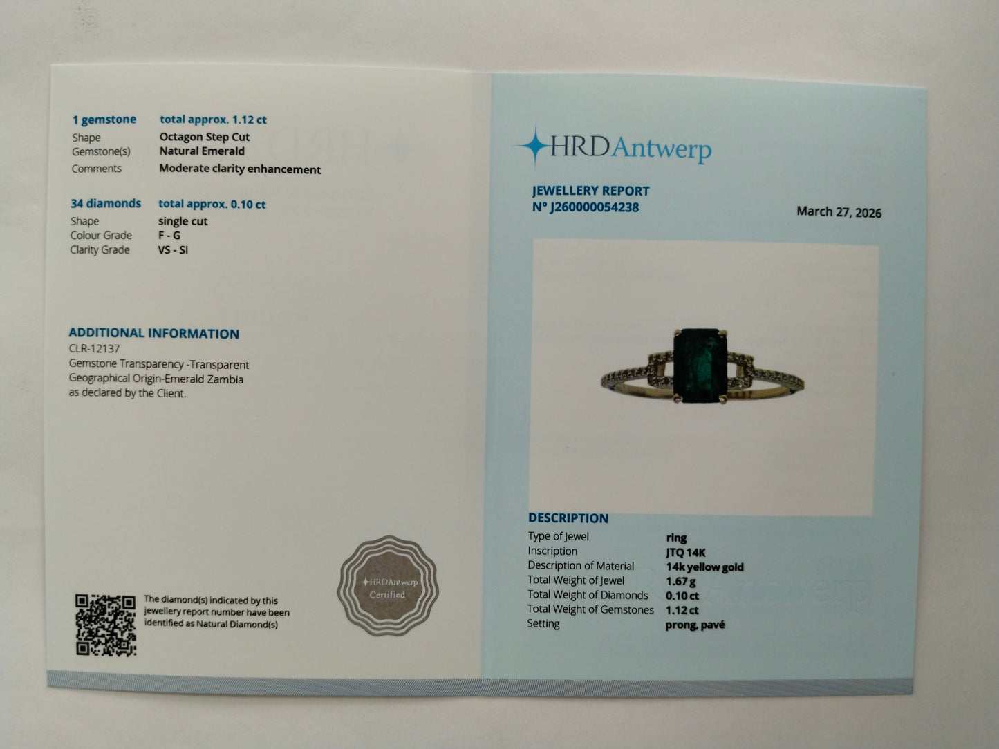 1.22 Ct Octagon Step Cut Natural Emerald 14K Gold Ring