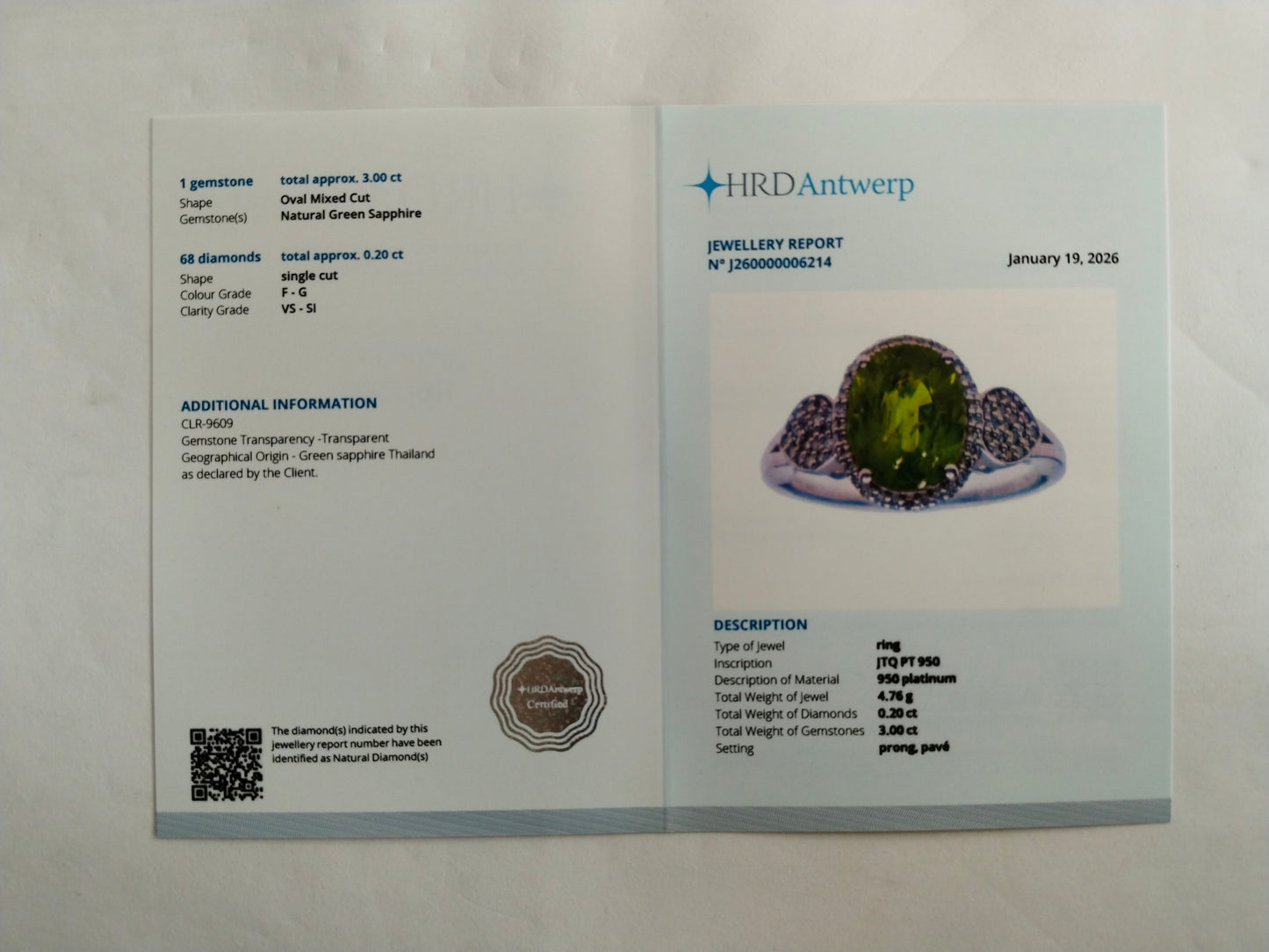 3.20 Ct Oval Mixed Cut Natural Green Sapphire 950 Platinum Ring