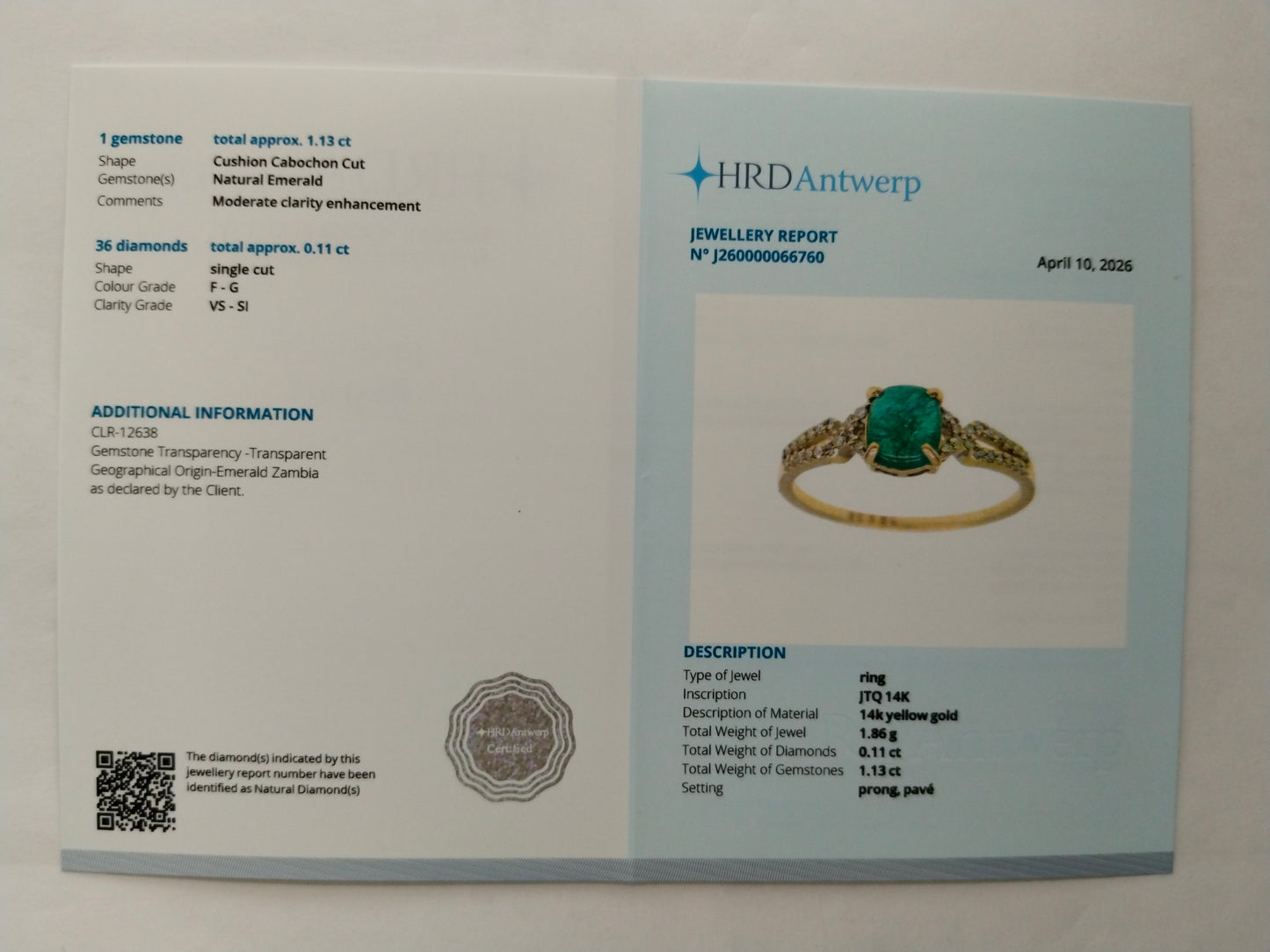 1.24 Ct Cushion Cabochon Natural Emerald 14K Gold Ring
