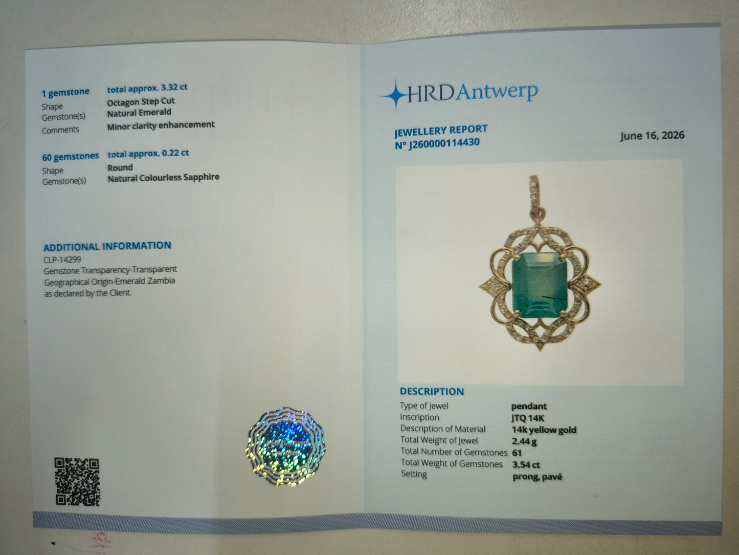 3.54 Ct Octagon Step Cut Natural Emerald 14K Gold Pendant