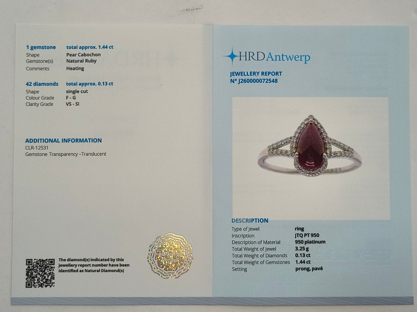 1.57 Ct Pear Cabochon Cut Natural Ruby 950 Platinum Ring