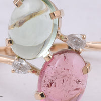 0.77 Ct Oval Cabochon Cut Natural Multi-Coloured Tourmaline 14K Gold Ring