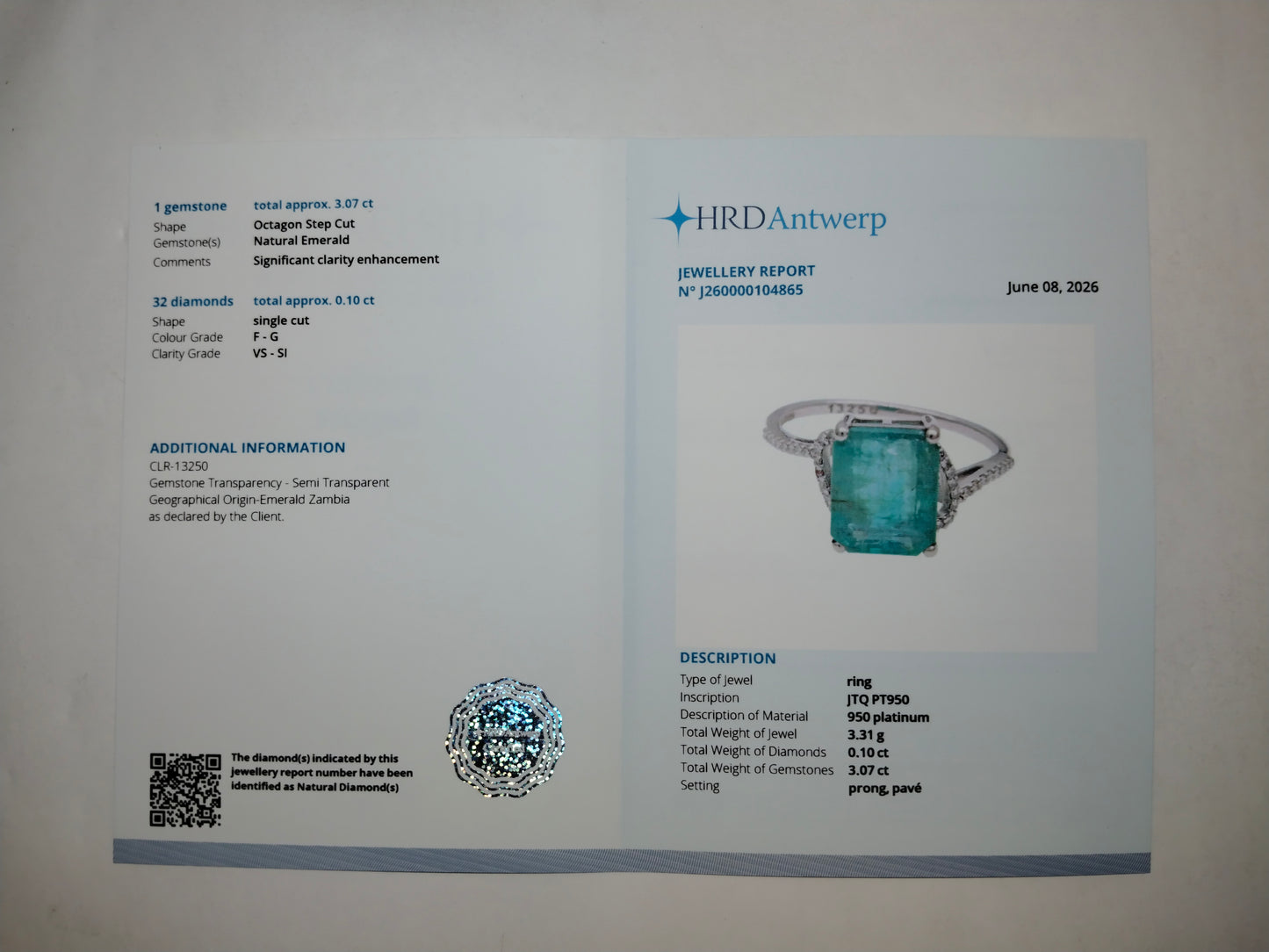 3.17 Ct Octagon Step Cut Natural Emerald 950 Platinum Ring
