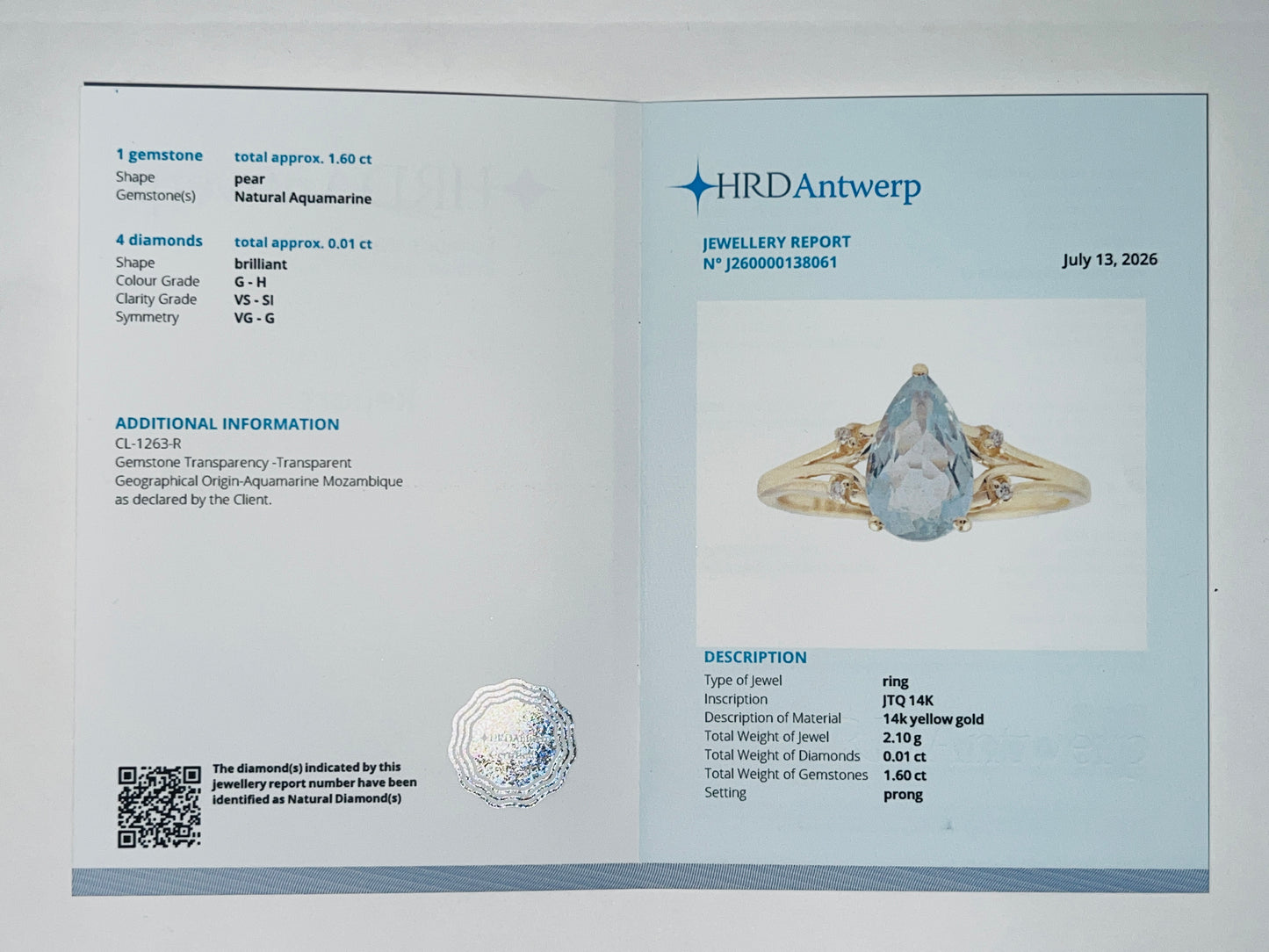 1.61 Ct Pear Natural Aquamarine 14K Gold Ring
