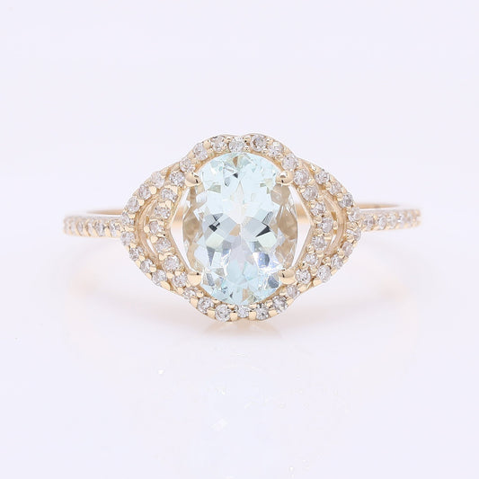 1.32 Ct Oval Mixed Cut Natural Aquamarine 14K Gold Ring