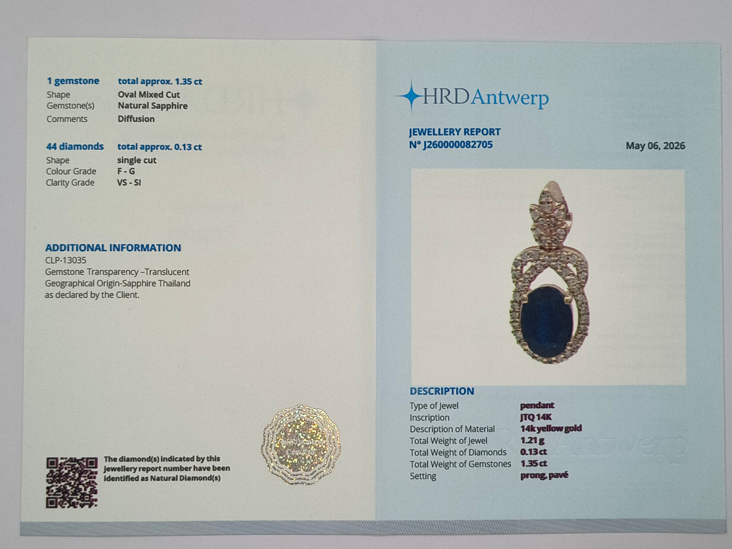 1.48 Ct Oval Mixed Cut Natural Sapphire 14K Gold Pendant