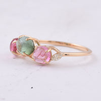 1.93 Ct Round Cabochon Cut, Oval Cabochon Cut Natural Multi Coloured Tourmaline 14K Gold Ring