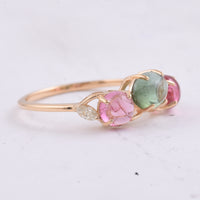 1.93 Ct Round Cabochon Cut, Oval Cabochon Cut Natural Multi Coloured Tourmaline 14K Gold Ring