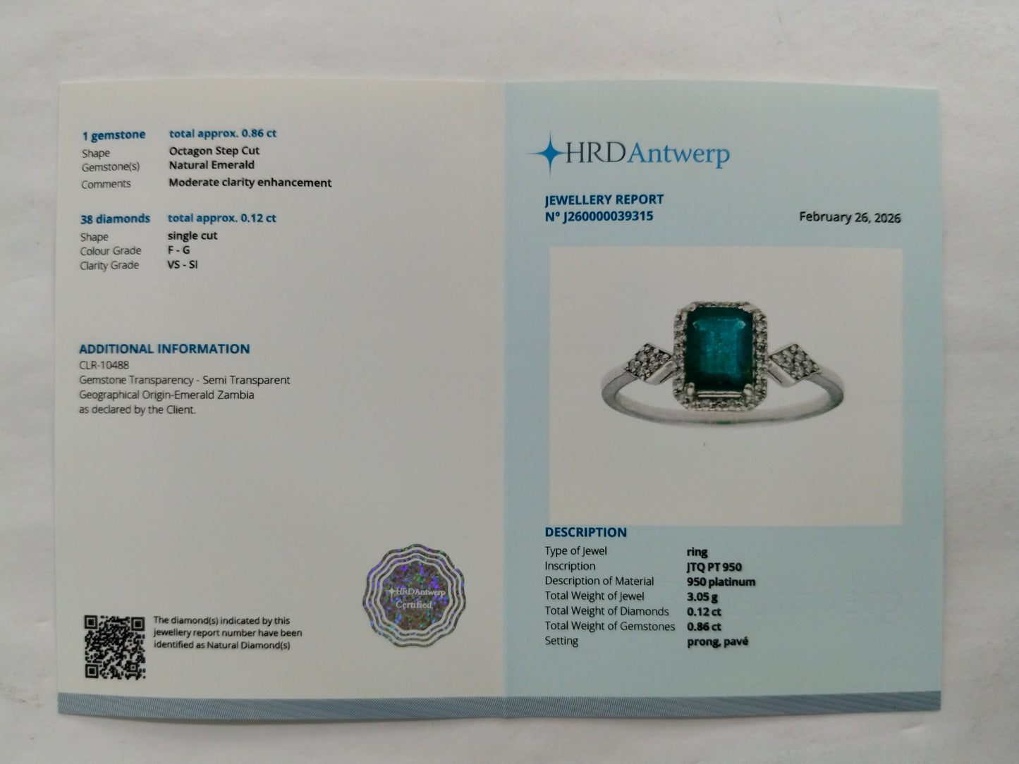 0.98 Ct Octagon Step Cut Natural Emerald 950 Platinum Ring