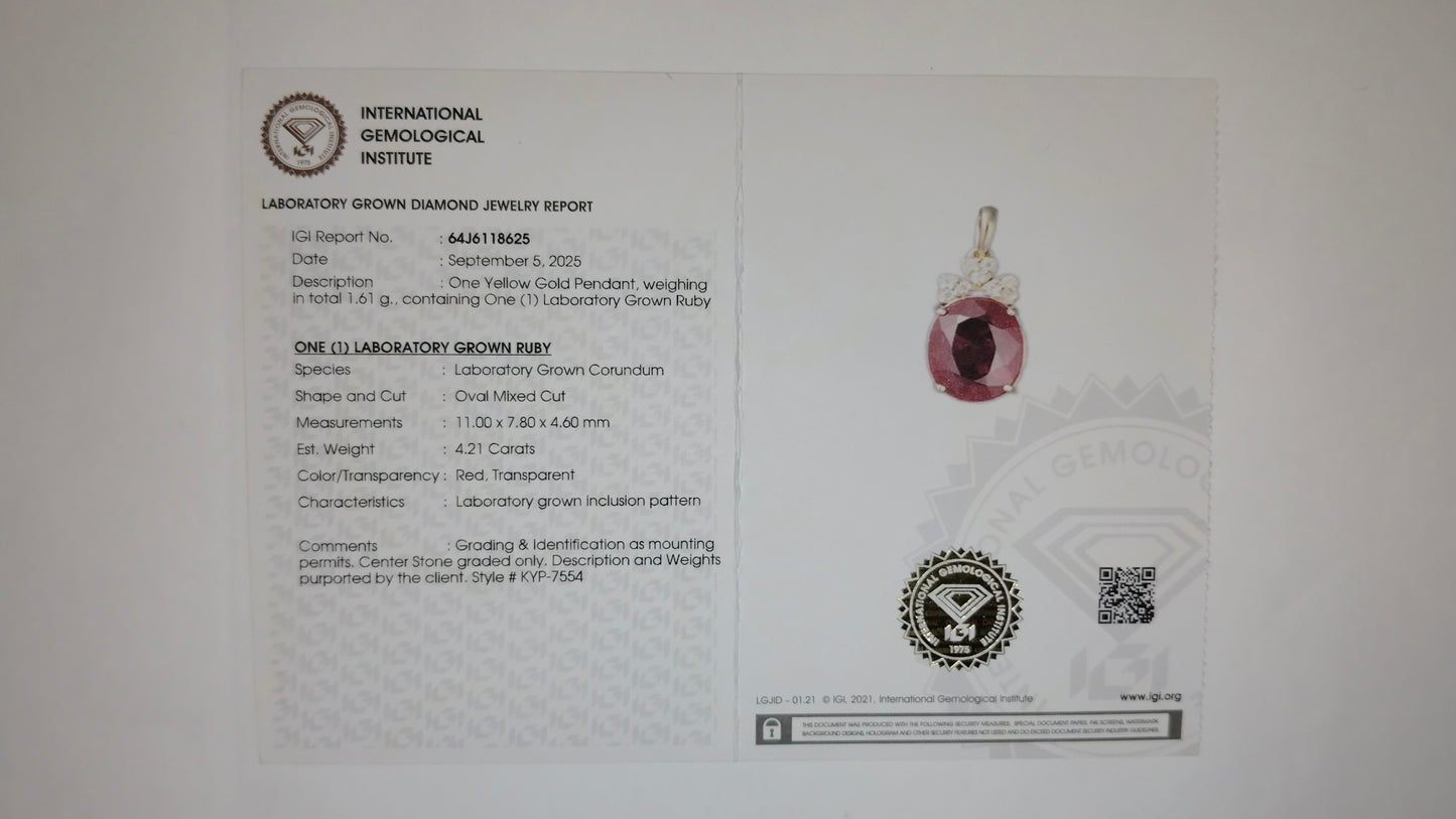 4.28 Ct Oval Mixed Cut Lab Grown Ruby 14K Gold Pendant