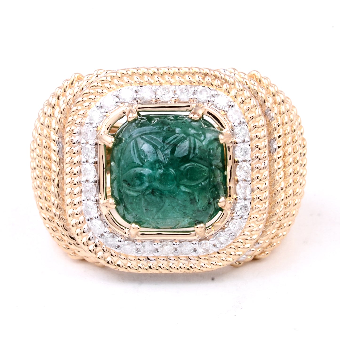 6.74 Ct Cushion Carving Natural Beryl Emerald 14K Gold Ring
