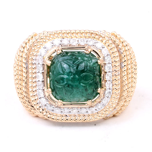 6.74 Ct Cushion Carving Natural Beryl Emerald 14K Gold Ring