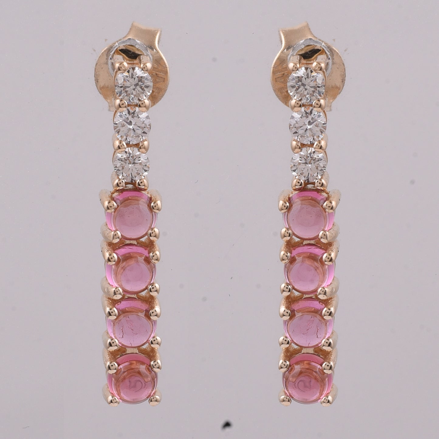 1.29 Ct Round Cabochon Cut Natural Pink Tourmaline 14K Gold Earrings