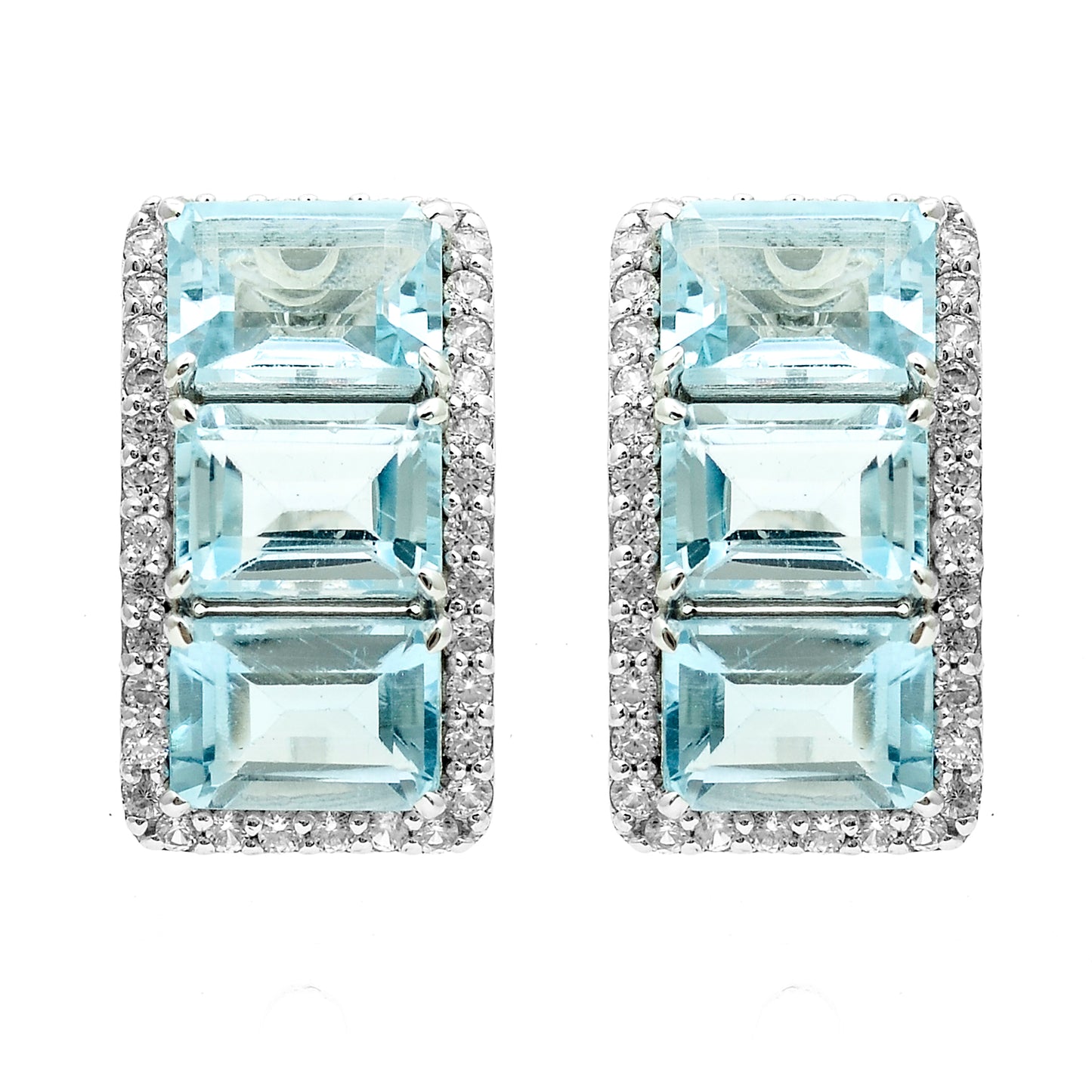 8.56 Ct Octagon Blue Topaz, White Zircon 925 Sterling Silver Earrings