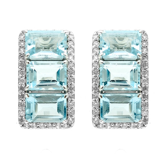 8.56 Ct Octagon Blue Topaz, White Zircon 925 Sterling Silver Earrings