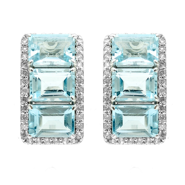 8.56 Ct Octagon Blue Topaz, White Zircon 925 Sterling Silver Earrings