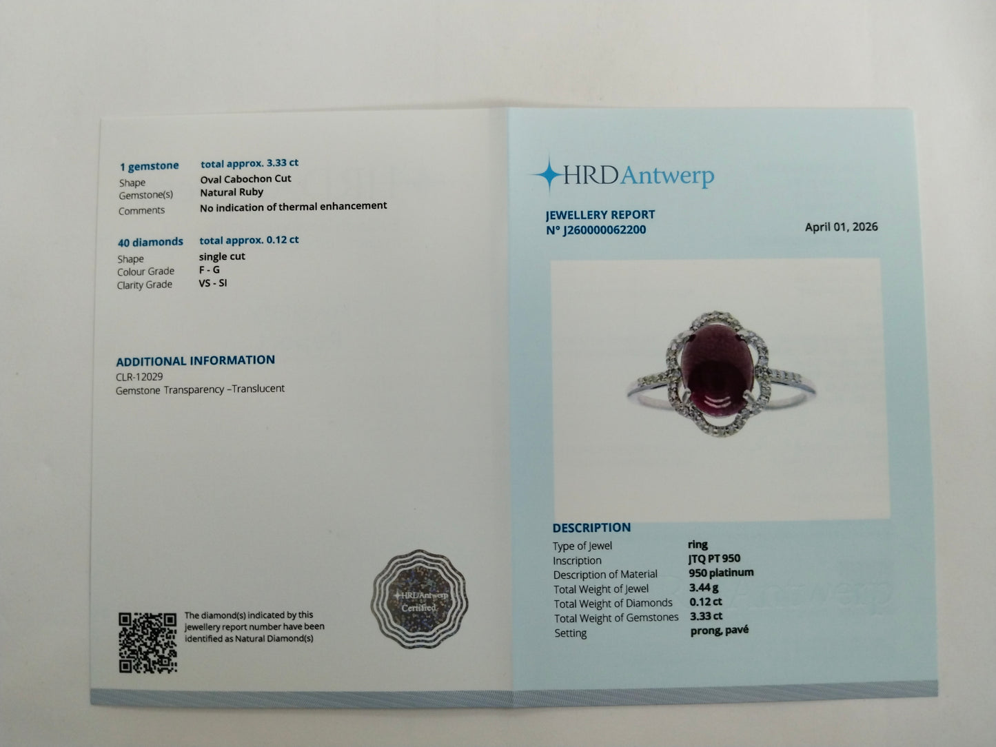 3.45 Ct Oval Cabochon Cut Natural Ruby 950 Platinum Ring