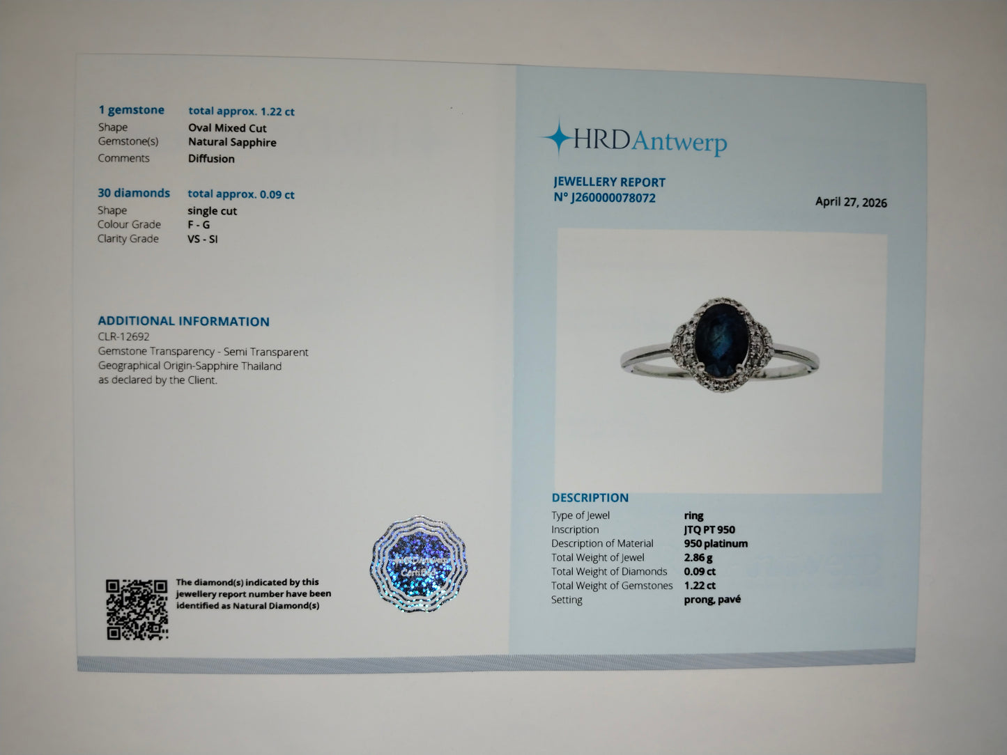 1.31 Ct Oval Mixed Cut Natural Sapphire 950 Platinum Ring