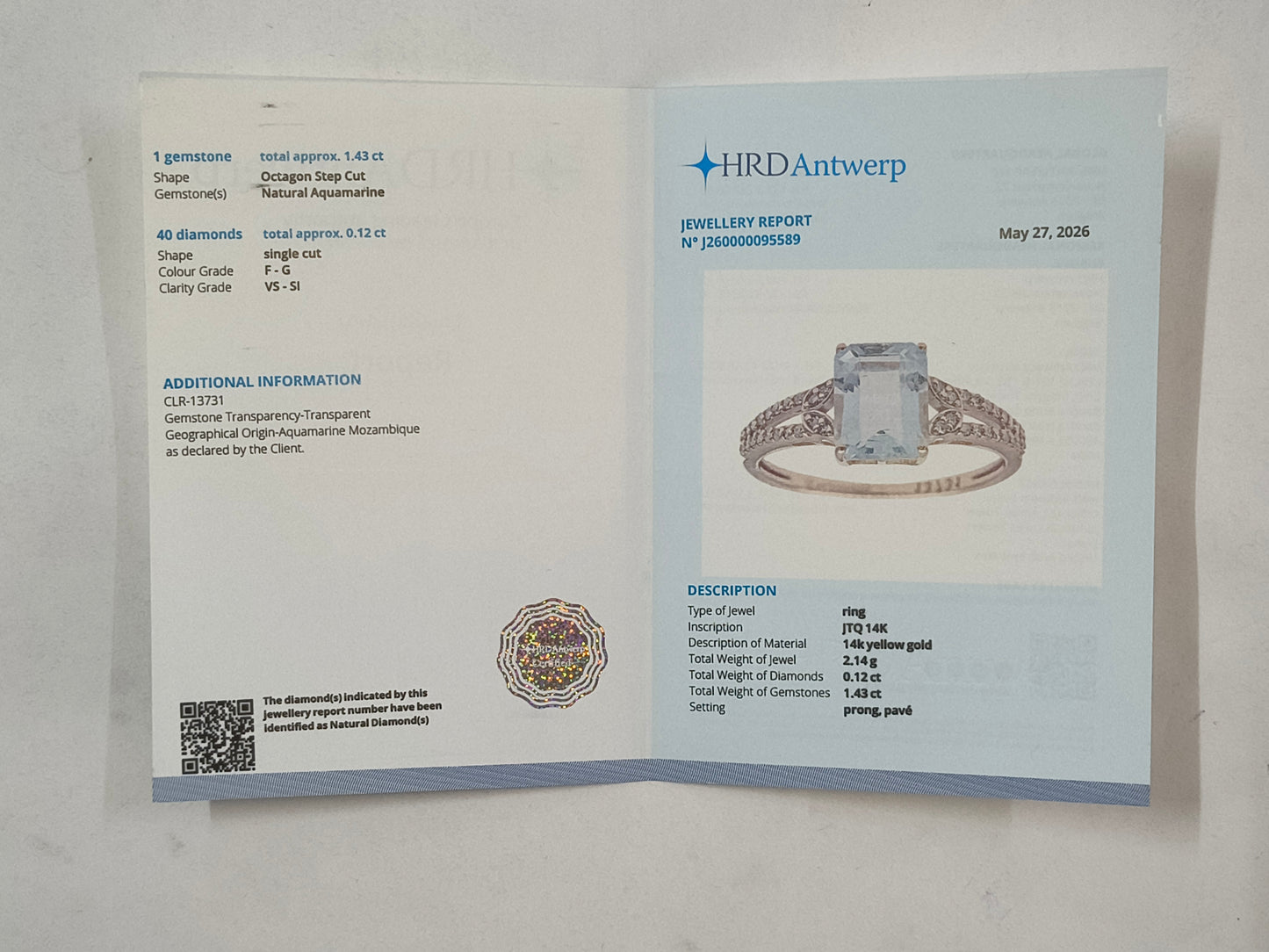 1.55 Ct Octagon Step Cut Natural Aquamarine 14K Gold Ring