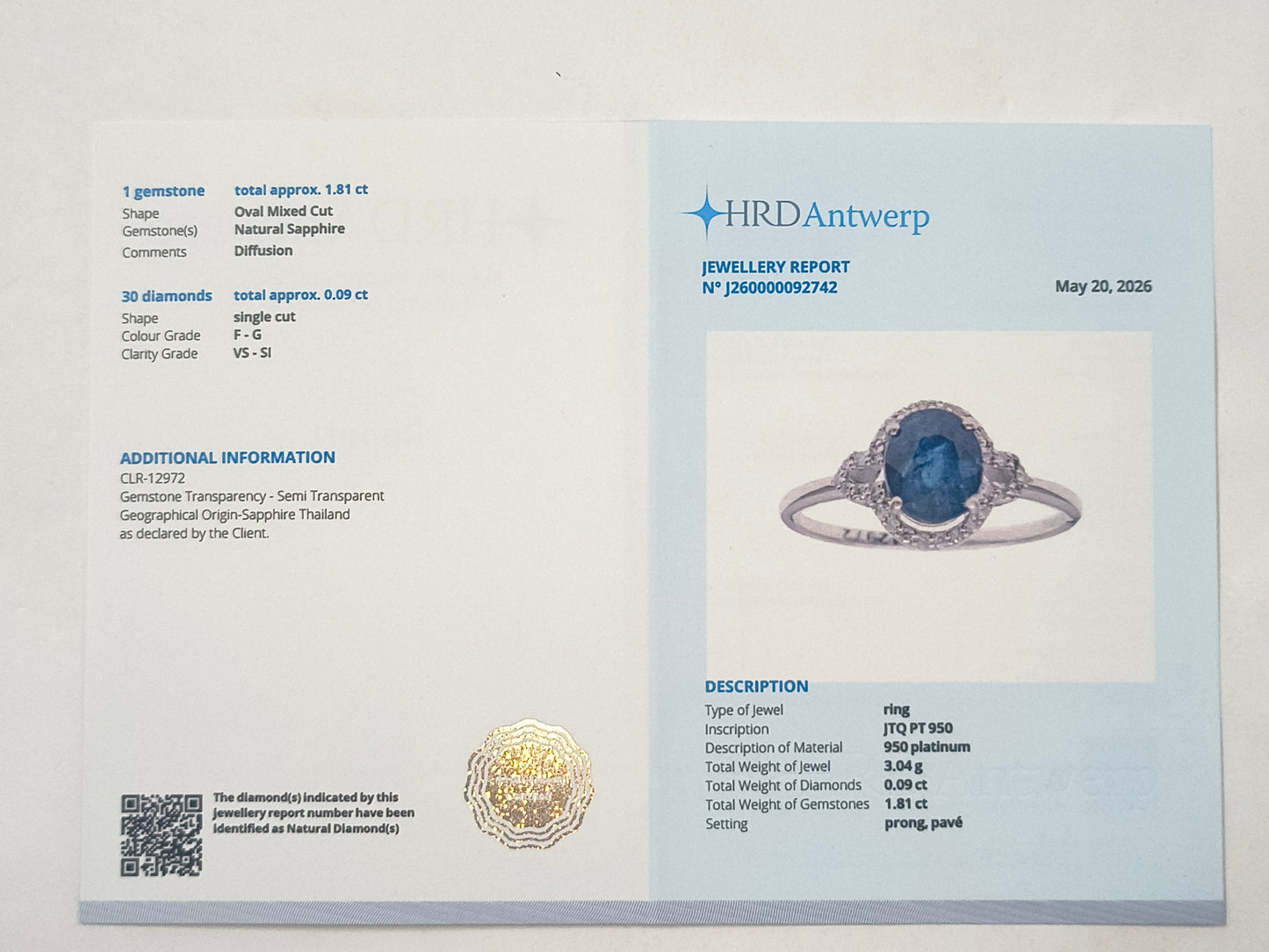 1.90 Ct Oval Sapphire 950 Platinum Ring