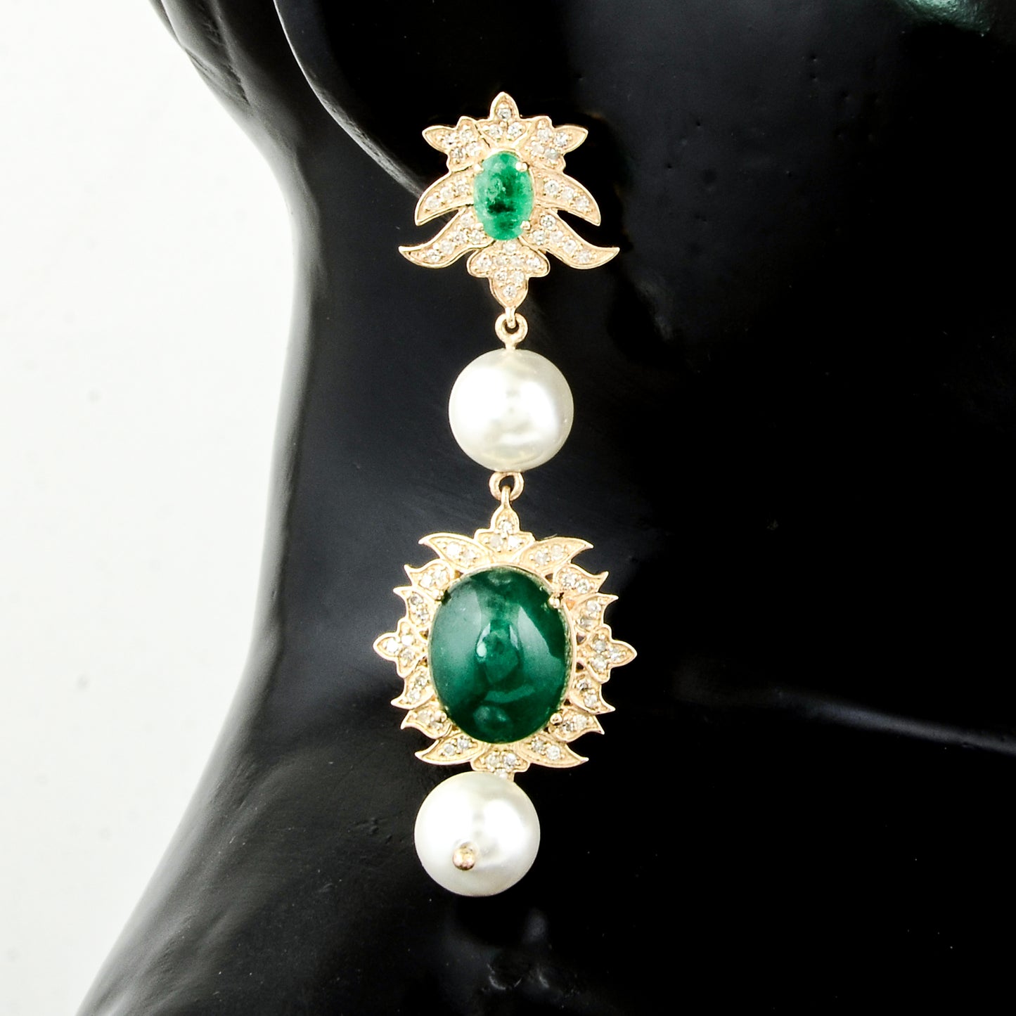 30.75 Carat Oval Natural Beryl Emerald 14K Gold Earrings