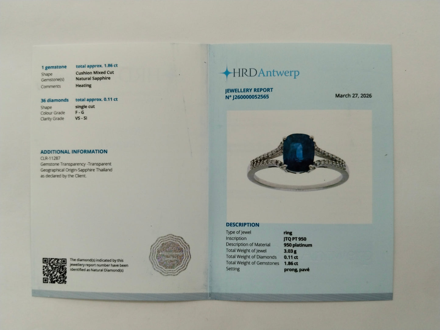 1.97 Ct Cushion Mixed Cut Natural Sapphire 950 Platinum Ring