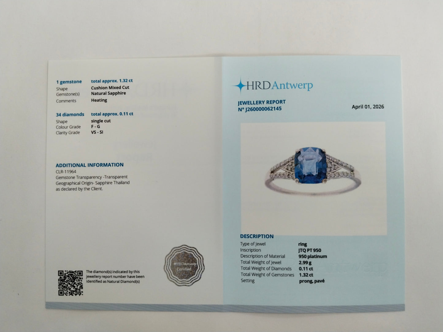 1.43 Ct Cushion Mixed Cut Natural Sapphire 950 Platinum Ring