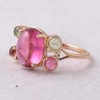 4.32 Ct Oval Cabochon Cut, Round Cabochon Cut Natural Multi-Coloured Tourmaline 14K Gold Ring
