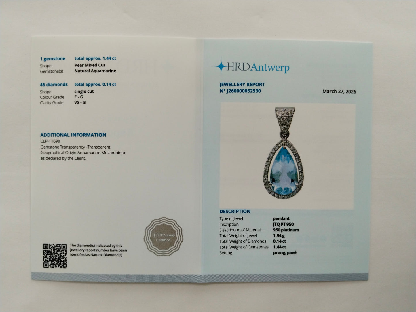 1.58 Ct Pear Mixed Cut Natural Aquamarine 950 Platinum Pendant