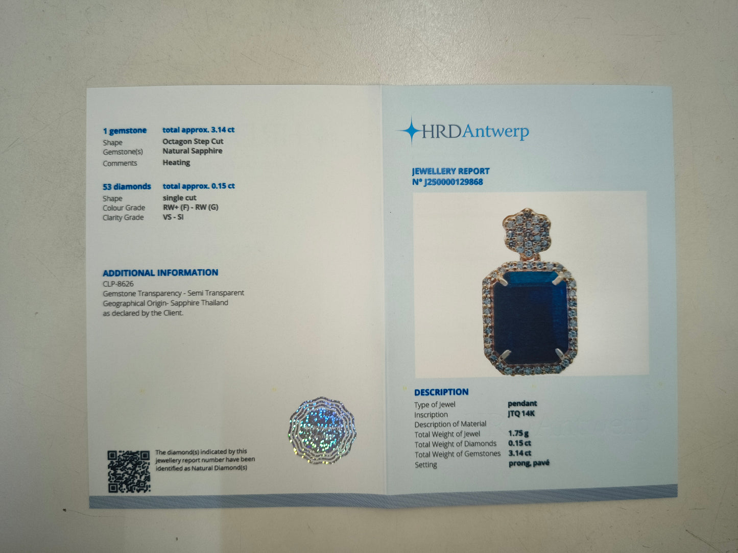 3.29 Ct Octagon Natural Sapphire 14K Gold Pendant
